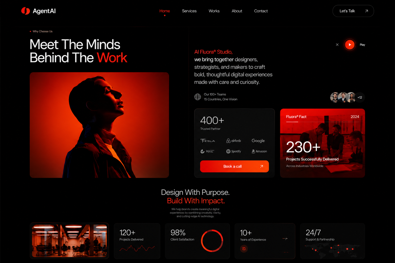 Cinematic red and black AI agency meet the minds section